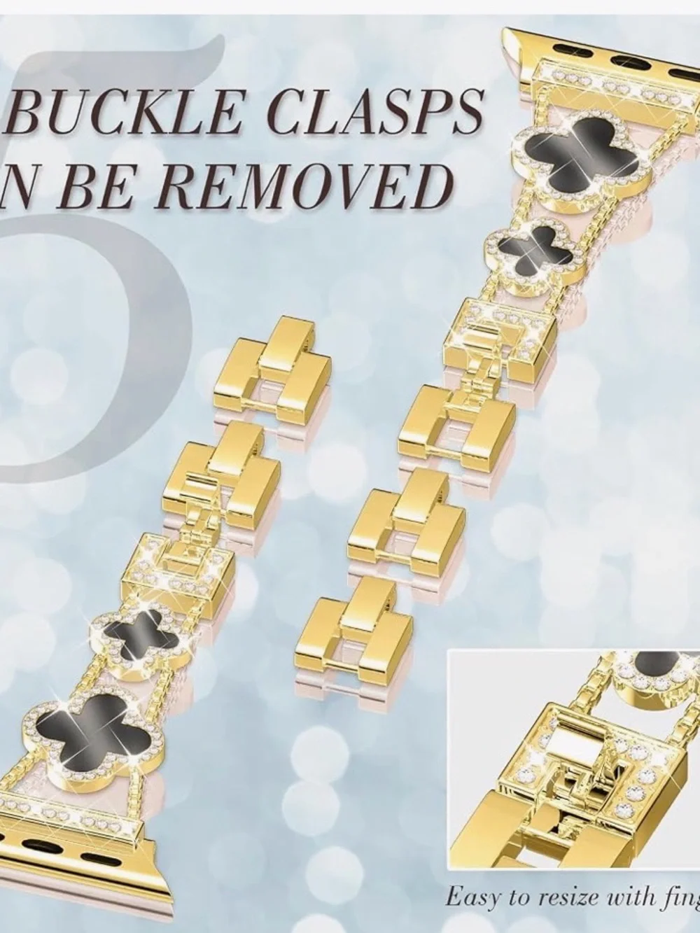 Gold Crystal Clover Bracelet Band for Smartwatch - Black Inlay